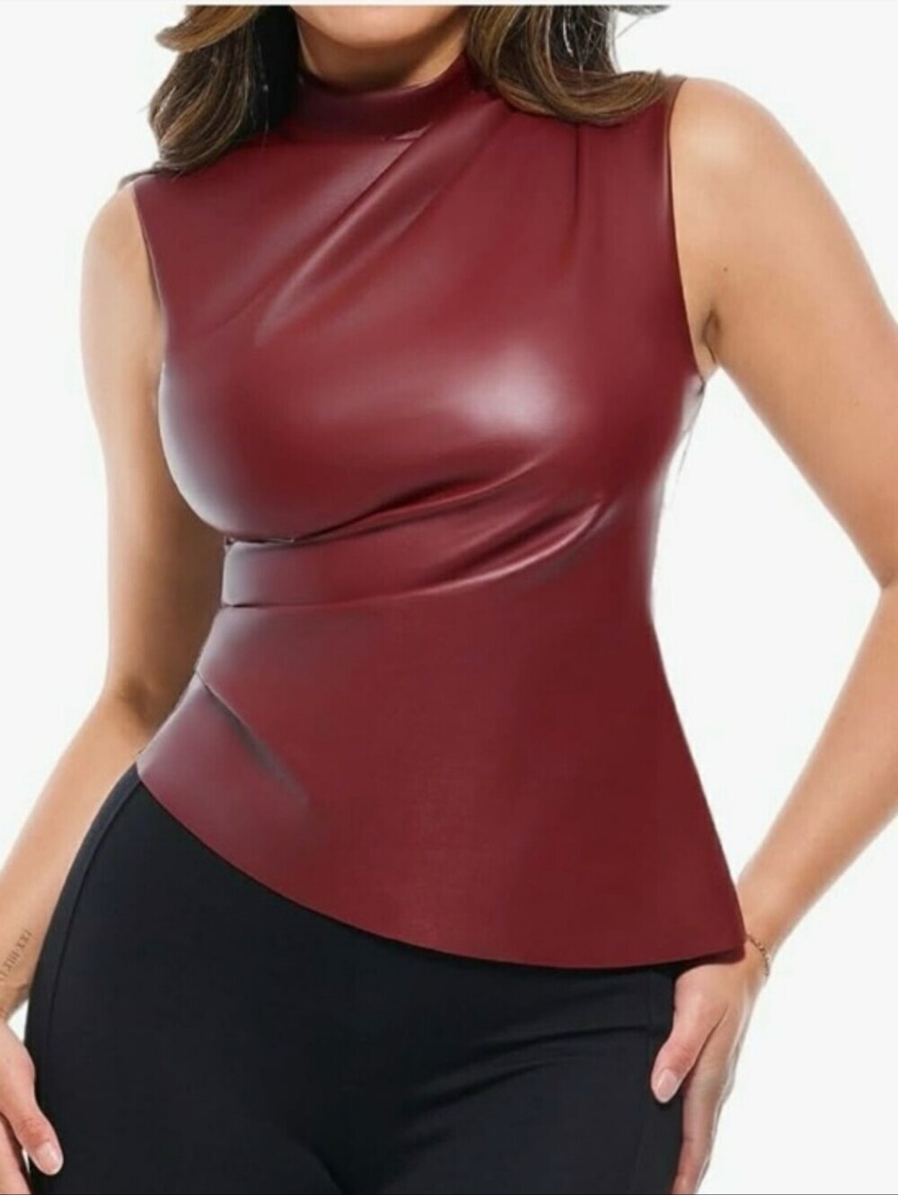 NWT Popilush Sleeveless Faux Leather Mock Neck Tank Top Bodysuit Maroon